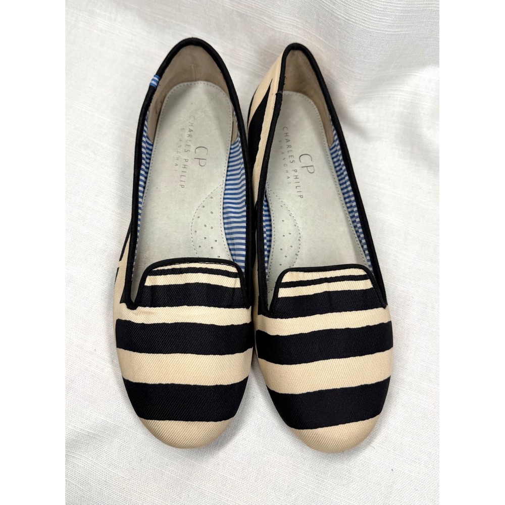 Charles Philip Shanghai Mixed Stripe Smoking Loafers Flats Canvas Slip On Size 8